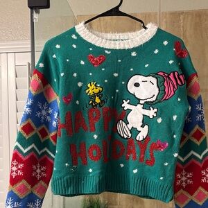 Peanuts Festive Snoopy Sweater - Teal and Red